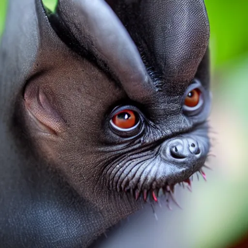 Image similar to close up of face of scary giant mutant navy-blue pygmy-bat 85mm f/1.4