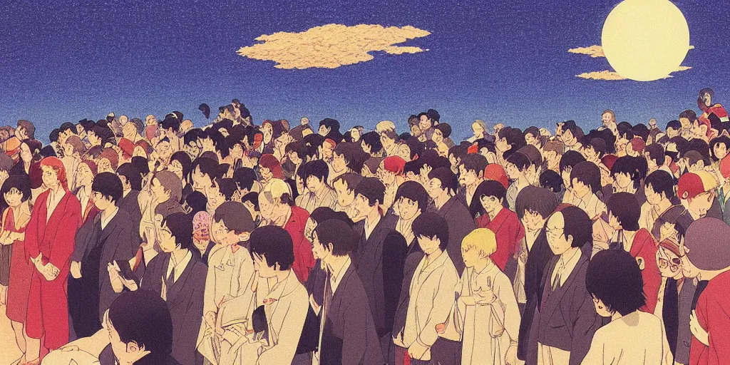 Prompt: a crowd of people looking up at a the sun in the sky, risograph by kawase hasui, edward hopper, satoshi kon and moebius, studio ghibli, no text!, colorful flat surreal design, super - detailed, a lot of tiny details, fullshot