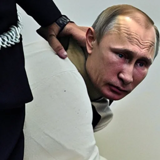 Image similar to Vladimir Putin crying like a baby, dressed in prisoner clothes, with handcuffs,