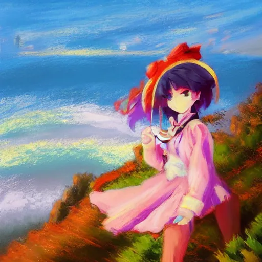 Prompt: Very abstract impressionist painting of Kirisame Marisa from the Touhou project on a cliff looking calmly at the sea, wide strokes, pastel colors, touhou project official artwork, danbooru, oil painting by Antoine Blanchard, wide strokes, pastel colors, soft lighting sold at an auction