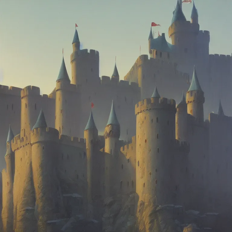 Prompt: large castle with towers by Wayne Barlow and catapults at dawn heading to the iceberg, highly detailed, painted by Edward Hopper, trending on artstation