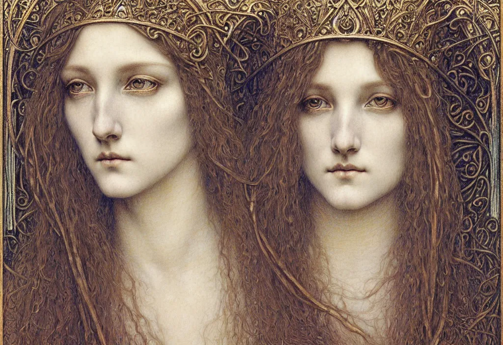 Image similar to detailed realistic beautiful young medieval queen face portrait by jean delville, gustave dore and marco mazzoni, art nouveau, symbolist, visionary, gothic, pre - raphaelite. horizontal symmetry