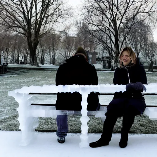 Prompt: a couple sitting on a park bench, ice carving