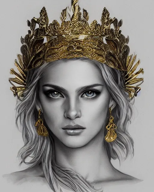 Image similar to front view of beautiful aphrodite greek goddess wearing a gold laurel wreath and triangle earrings, realism tattoo sketch, beautiful piercing eyes with sharp pupils, beautiful blonde hair, in the style of greg rutkowski, fantasy, amazing detail, epic, elegant, smooth, sharp focus