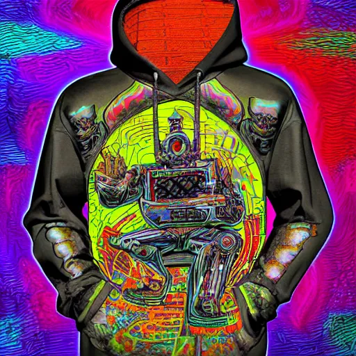 Image similar to mockup of a black hoodie with a hyperdetailed portrait of a steampunk robot on lsd in robert crumb style, 8 k, symetrical, flourescent colors, trippy mood, multicolored,