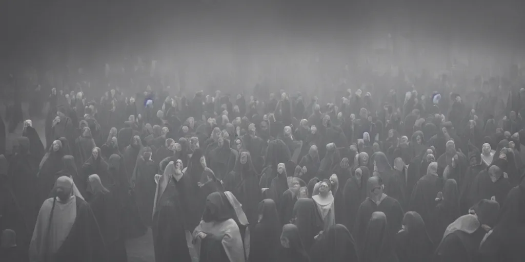 Prompt: A very big crowd of people wearing black robes and staring at the camera, eerie, scary, haunting, cinematic, mist, fog, photography