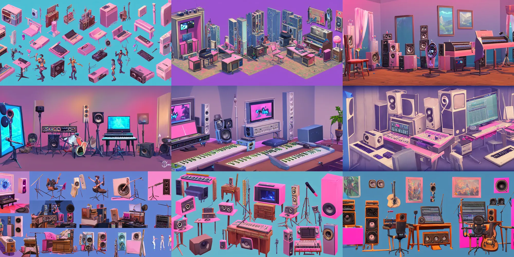 Prompt: game asset of the sims music studio audio equipments furniture and decorations, in gouache detailed paintings, props, stylized, 2 d sprites, kitbash, arcane, overwatch, blue and pink color scheme, 8 k, close up