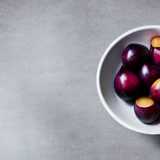 Image similar to a thick porcelain bowl filled with six large moist freshly picked plums on a wooden table. volumetric lighting. 4 k. small scale.