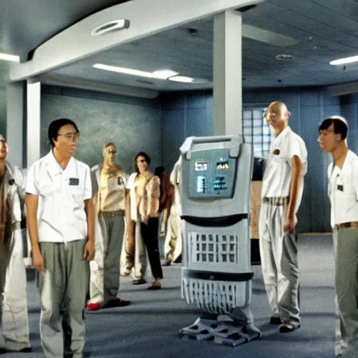 Prompt: still photo from a dharma initiative station orientation video