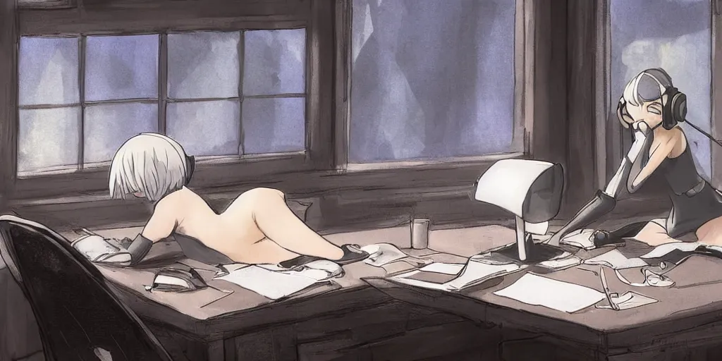 Prompt: 2b from nier automata sitting at a desk studying with headphones on, there's a cat sleeping on the desk, background is a tinted window looking out into a white church, Ghibli studio art, high quality anime, digital art, detailed facial features, imaginary slice of life