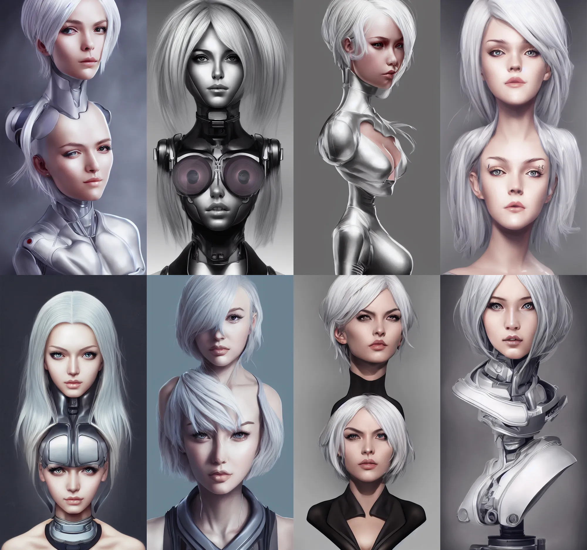 Prompt: a bust portrait of a scientist android girl with silver hair by artgerm and wlop