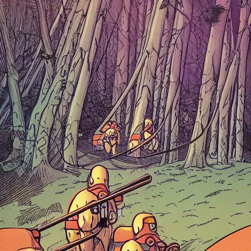 Image similar to highly detailed Moebius sci-fi comic panel illustration ape astronauts exploring a forest