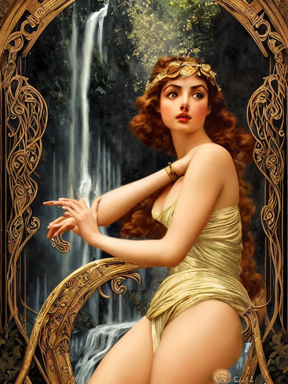 Image similar to Ana de armas as the Roman goddess of the waterfall, a beautiful art nouveau portrait by Gil elvgren, Roman temple environment, centered composition, defined features, golden ratio, gold jewlery, photorealistic professional lighting, cinematic