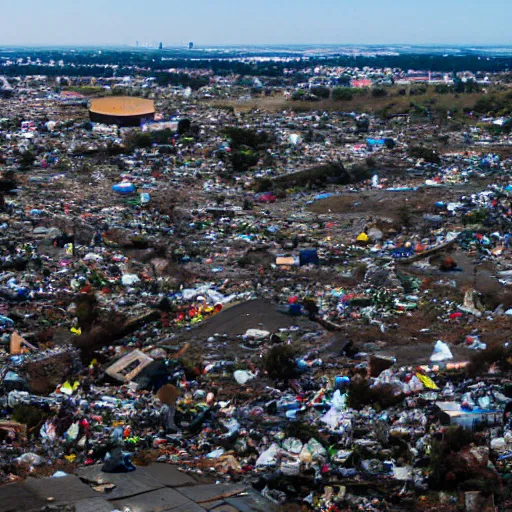 Image similar to vast panoramic view from building height of a landscape full of junkyards, garbage heaps and recycled electronic gear all covered in a thin layer of transparent strawberry jelly