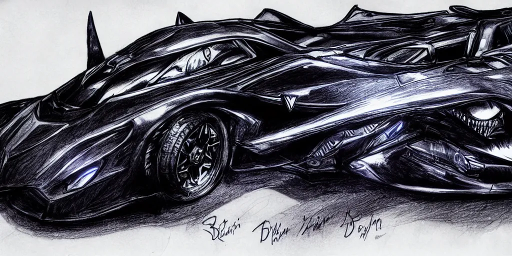 Image similar to ballpoint pen drawing of the batmobile, batman, arkham knight