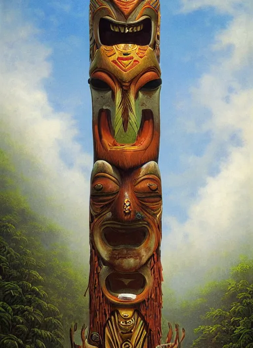 Image similar to a totem in the jungle representing amazonian shamanic tradition, tribal masks, totem, hyper detailed, art by christophe vacher