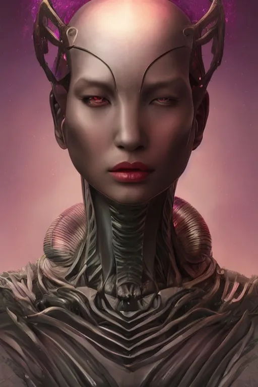 Image similar to digital portrait of an elegant alien queen, straight on, full body character concept art, concept art, by artgerm, tom bagshaw, gerald brom, vaporwave colors, lo fi colors, vaporwave, lo fi, 4 k, hd, rendered with substance designer, small details