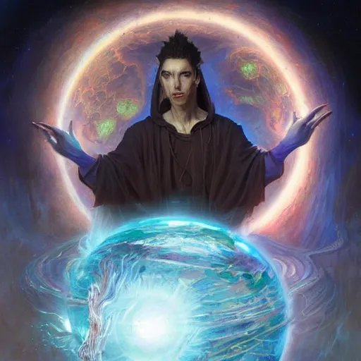 Image similar to the creator of worlds wearing a cloak and holding a holographic planet projection in his hand, detailed, sci - fi, digital painting, artstation, sharp focus, illustration, ominous, artgerm, tomasz alen kopera, peter mohrbacher, donato giancola, joseph christian leyendecker, wlop, frank frazetta