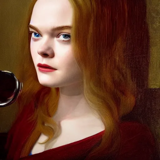 Prompt: Elle Fanning at a diner, head and shoulders portrait, stormy weather, extremely detailed masterpiece, Roger Deakin’s cinematography, oil on canvas, Da Vinci,