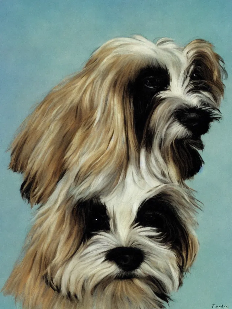 Image similar to portrait of a cream colored havanese dog, surreal background, by frieda kahlo