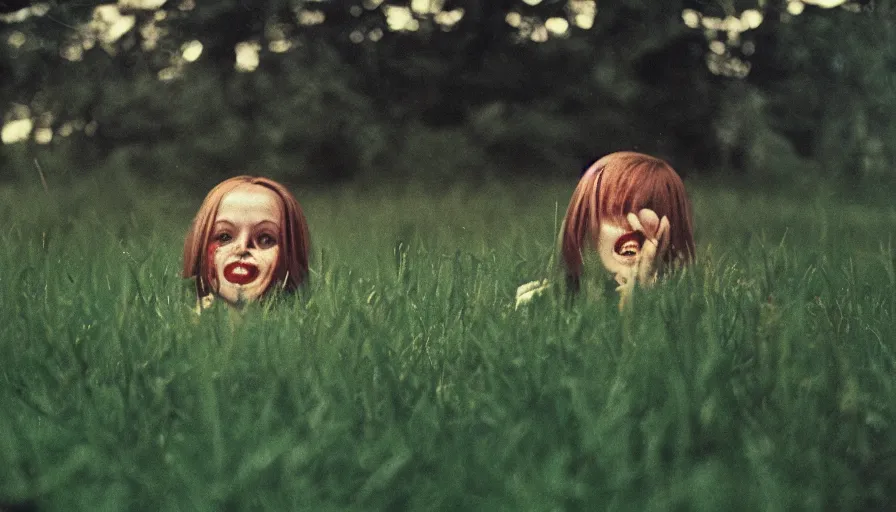 Image similar to 7 0 s film still from a horror movie about a young adult with no teeth in a field, kodachrome, cinecolor, cinestill, film grain, film texture, retro, cinematic, high resolution, photorealism,