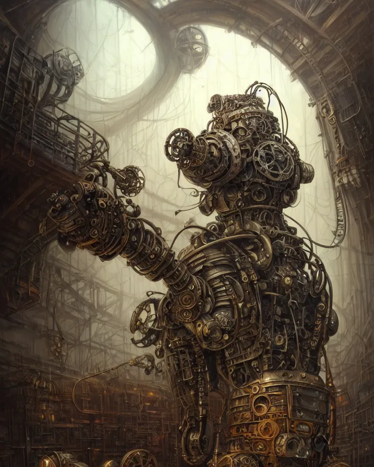 Prompt: low angle shot of a giant steampunk robot character in an abandoned factory, intricate, elegant, highly detailed, centered, digital painting, artstation, concept art, smooth, sharp focus, illustration, artgerm, tomasz alen kopera, peter mohrbacher, donato giancola, joseph christian leyendecker, wlop, boris vallejo