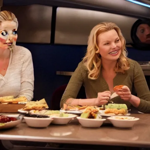 Image similar to catherine heigl and tenth is khan eating sandwiches at a diner, ultrarealistic, photorealistic, 8 k, ultra hd