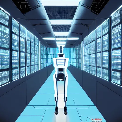 Image similar to hyperrealism stock photo of highly detailed stylish robot in futuristic sci - fi style by vincent di fate in the detailed data center by laurie greasley and mike winkelmann