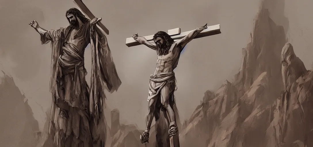 Prompt: Crucifixion of Jesus concept art of Hicham Habchi, trending on ArtStationH, very detailed, high quality