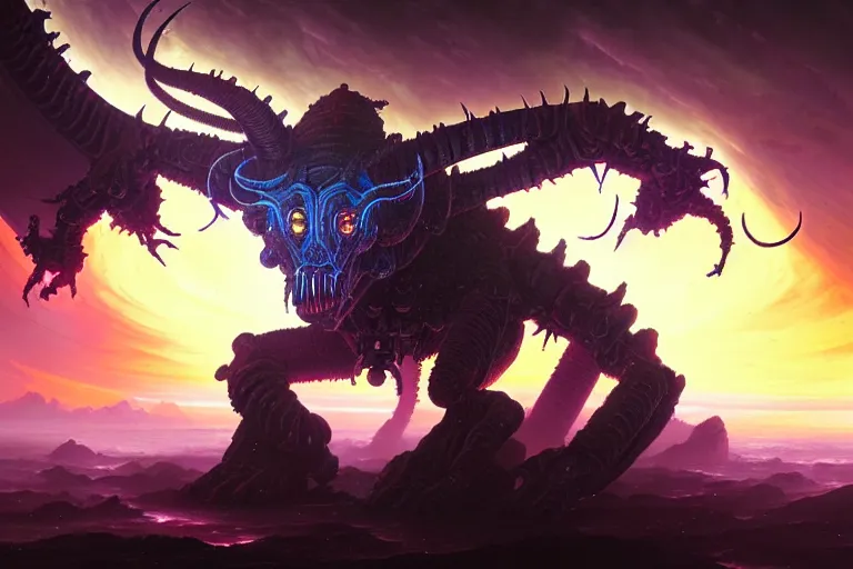 Image similar to epic pose of rebulon the ancient demon, by lisa frank and greg rutkowski, masterpiece concept art, 8 k, intricate detail, cinematic lighting, epic pose, deep colors, majestic view