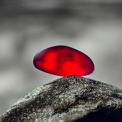 Prompt: a deep red, glowing, stick - shaped crystal on a rock, film grain