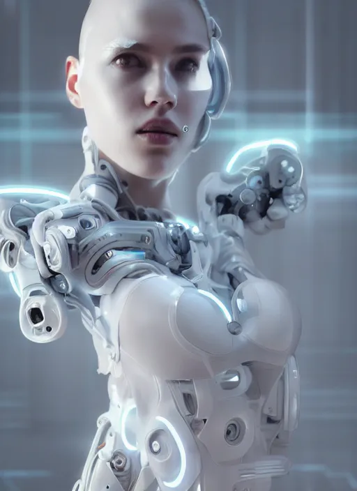 Image similar to white one cast futuristic biomechanics futuristic humanoid, pretty face, beautiful female, futuristic, neon lights, cyberpunk, 8 k, digital painting, by beeple and makoto shinkai, trending on cg society, glamour pose, high fashion, photorealistic, hyper realistic, environmental portrait, ambient occlusion render