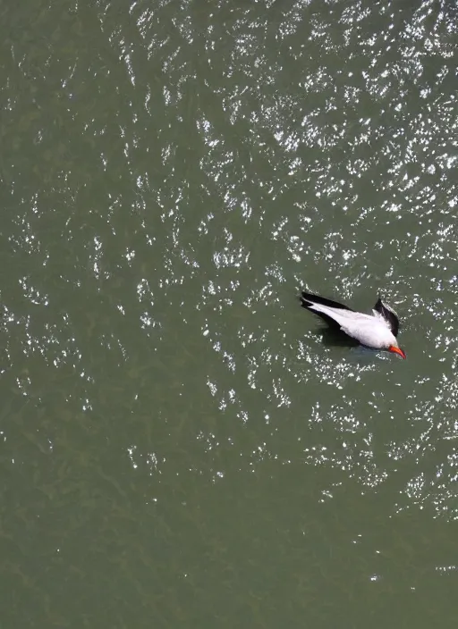 Image similar to bird swimming on its back, view from above, river, peaceful