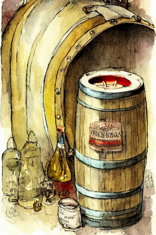 Image similar to pork schnapps wine candle on a barrel in a cellar, watercolor painting by anderz zorn and carl larsson