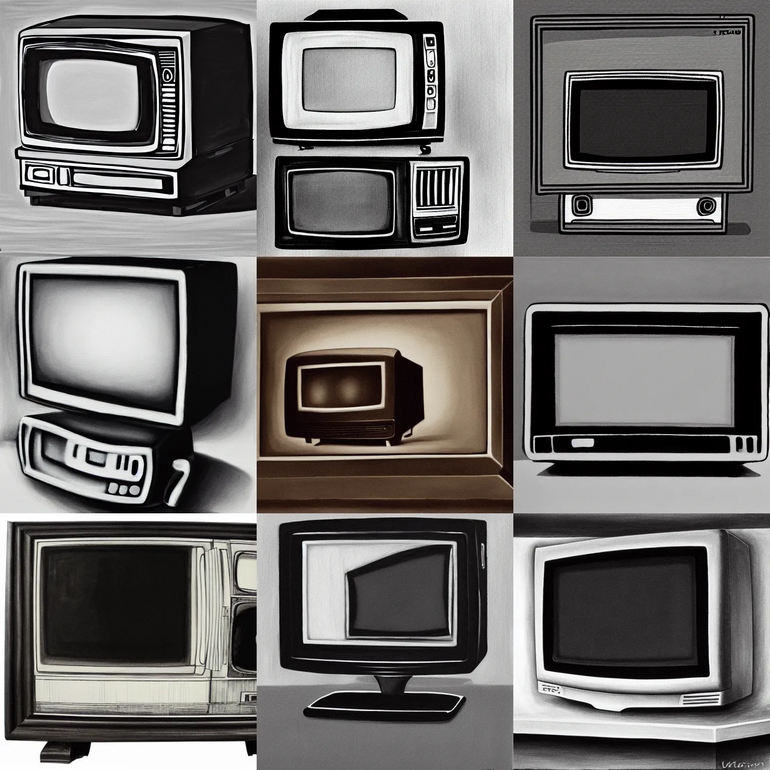 Prompt: a monochrome oil painting of a crt television. there is a coffee mug next to the television. dark background, still life painting, wikiart, black and white