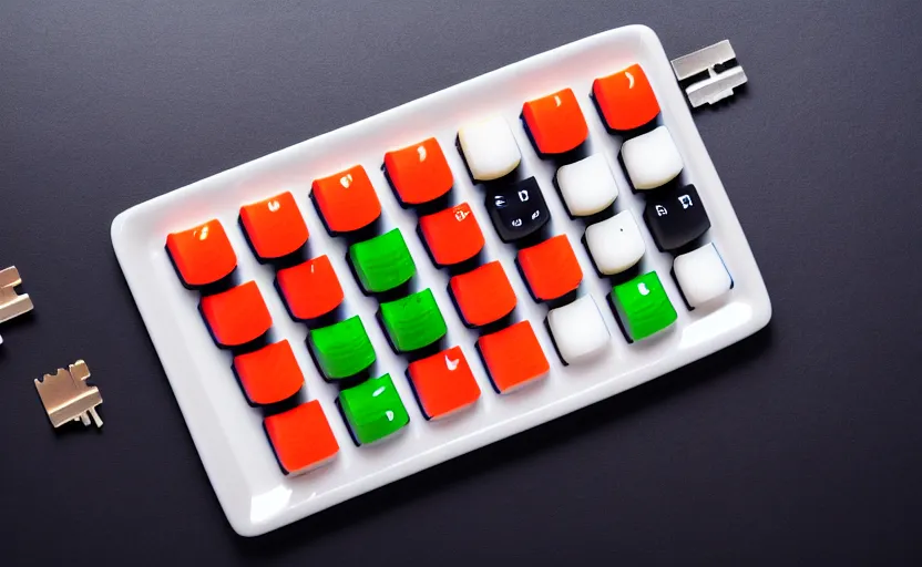 Prompt: product photography of a computer keyboard with keys made out of sushi, on a platter, studio lighting, detailed