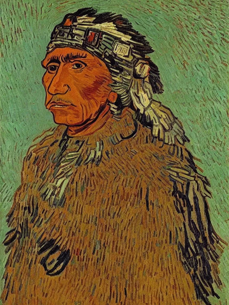 Prompt: Chief of the Native American tribe, portrait by Van Gogh