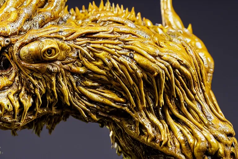 Prompt: photo taken of an epic intricate, ultra detailed, super realistic sculpture of a wet, slimy, nightmarish hellish demonic trllobite creature on display in a workshop, created by weta workshop, zoomed in shots, photorealistic, sharp focus, f 0. 4, face centred, macro photography, golden ratio, golden hour