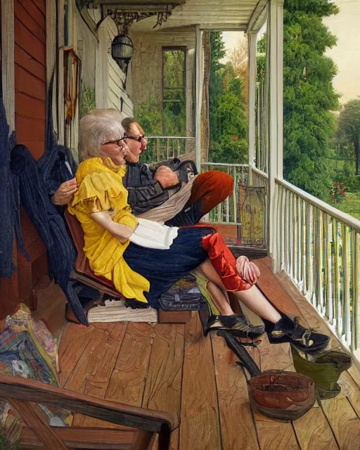 Image similar to a painting of leonard nimoy and janice rand sitting on a porch, a fine art painting by andre charles bieler and by ernest bieler and by jacob philipp hackert, shutterstock contest winner, german romanticism, wimmelbilder, detailed painting, academic art