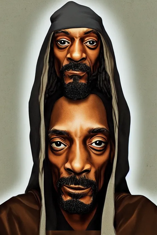 Prompt: ultra realistic snoop dogg as Gandalf, face portrait in the style of grant wood