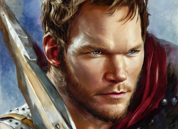 Image similar to a highly detailed beautiful portrait of chris pratt as kratos, by gregory manchess, james gurney, james jean