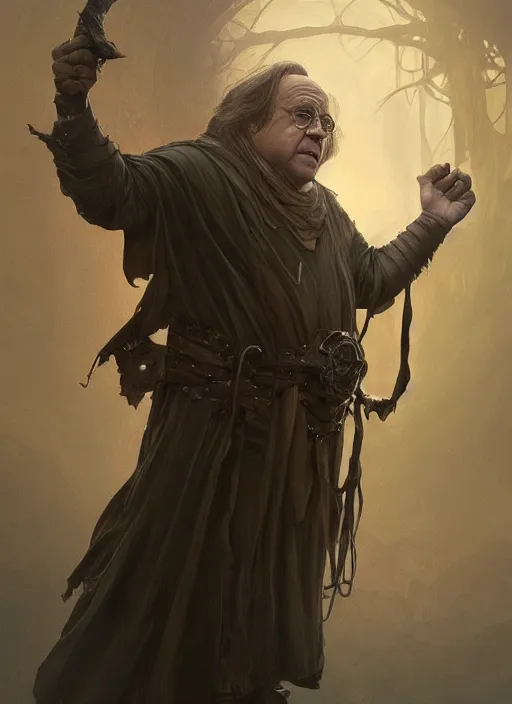 Prompt: Portrait of Danny DeVito, cloak, male, fantasy, extremely detailed, digital painting, artstation, concept art, smooth, sharp focus, illustration, stunning lighting, art by artgerm and greg rutkowski and alphonse mucha and simon stalenhag, realistic character concept, high fantasy, dark atmosphere, golden ratio, cinematic lighting, hyperdetailed, high resolution, insanely detailed and intricate, artstation, Marc Simonetti, Greg Rutkowski, 8k