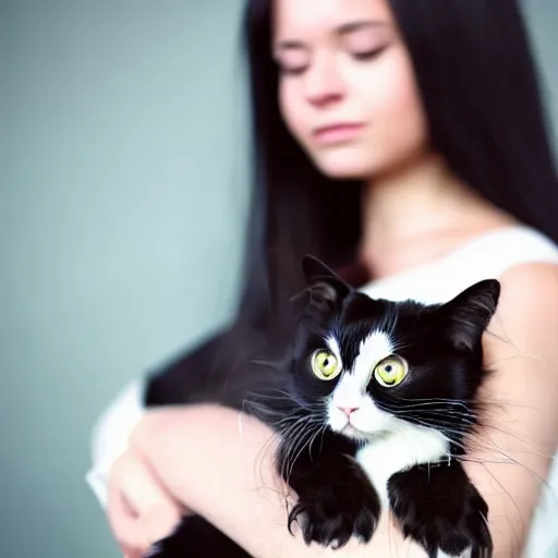 Image similar to a girl with long dark hair holding a cat in her arms, a stock photo by juan villafuerte, pexels contest winner, high quality photo, rtx, hd, shiny eyes, rasquache, a renaissance painting by sailor moon, anime, anime aesthetic