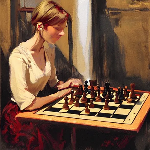 Image similar to portrait of woman wearing medieval clothes playing chess, detailed by greg manchess, craig mullins, bernie fuchs, walter everett