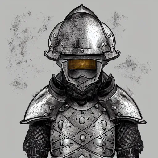 Image similar to An old man with a ginger beard, wearing knights armour and a fire fighters helmet, highly detailed, digital art, sharp focus, trending on art station, anime art style