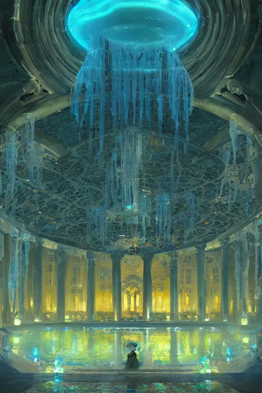 Image similar to inside of an atlantis palace, bioluminescent light, fountain, crystals, intricate, elegant, volumetric lighting, digital painting, highly detailed, artstation, sharp focus, illustration, concept art, ruan jia, steve mccurry