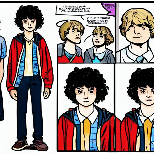 Image similar to Finn WolfHard with Stranger Things in comic style, hq, 4k