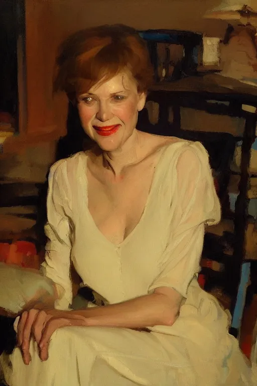 Image similar to portrait of your mother in a darkened room, painted by tom lovell frank schoonover dean cornwell mandy jurgens everett raymond kinstler, photorealism, hd, detailed