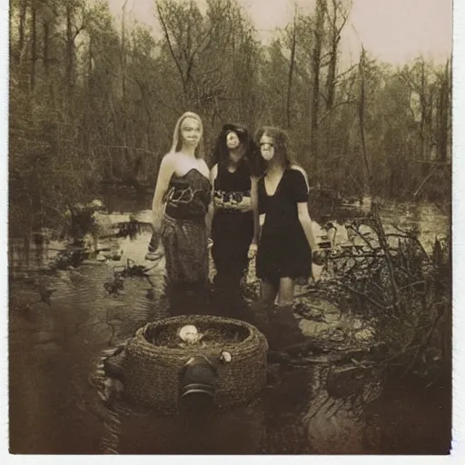 Image similar to Polaroid picture of witches in a swamp around a cauldron