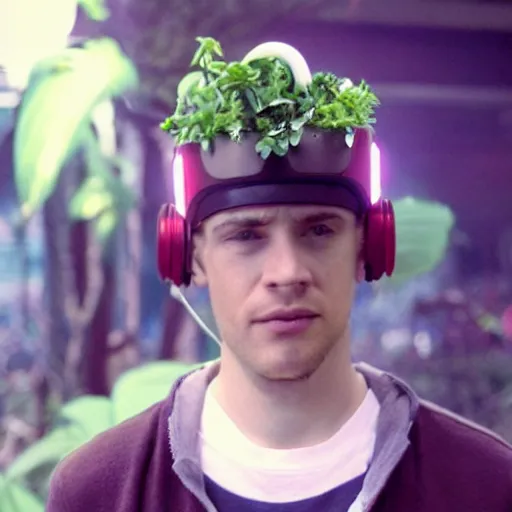 Image similar to movie still of a youth with a cyborg plants flowers helmet, cinematic composition, cinematic light, by edgar wright and david lynch